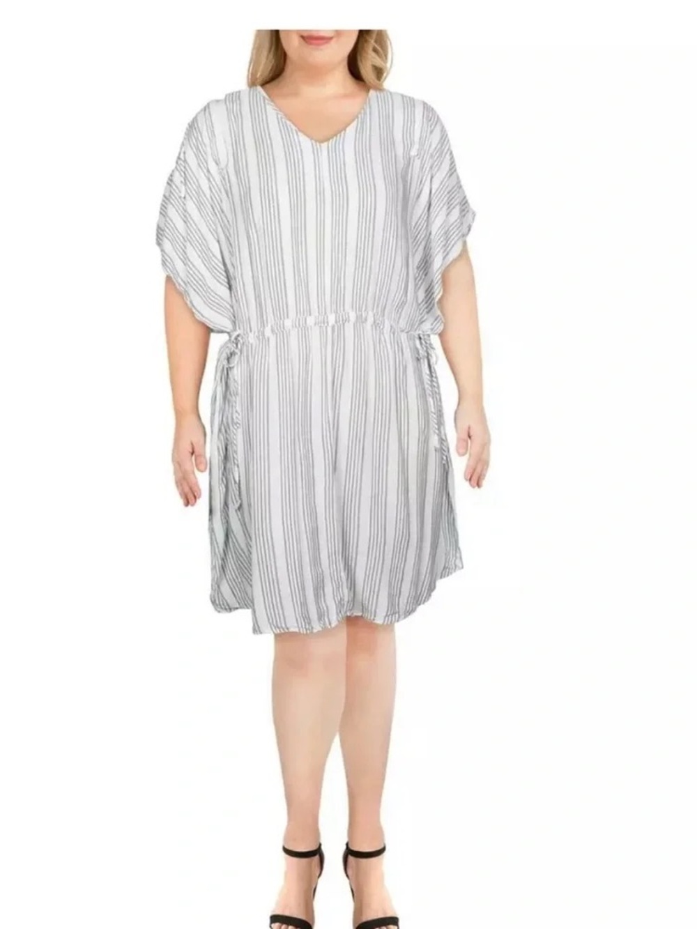 Striped V-Neck Dress in White/Gray 2x